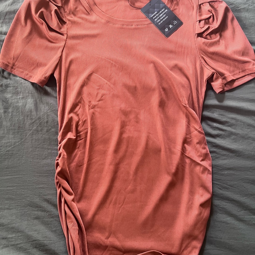 Ficerd Rib Stretch Short Sleeve Women's Maternity Top with Puff Sleeve Med NWT